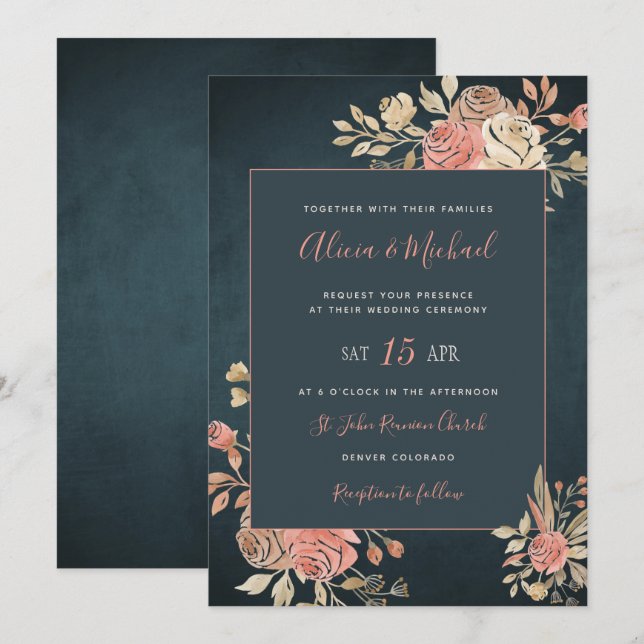 Peach Blush Moody Floral Dark Navy Blue Wedding Invitation (Front/Back)