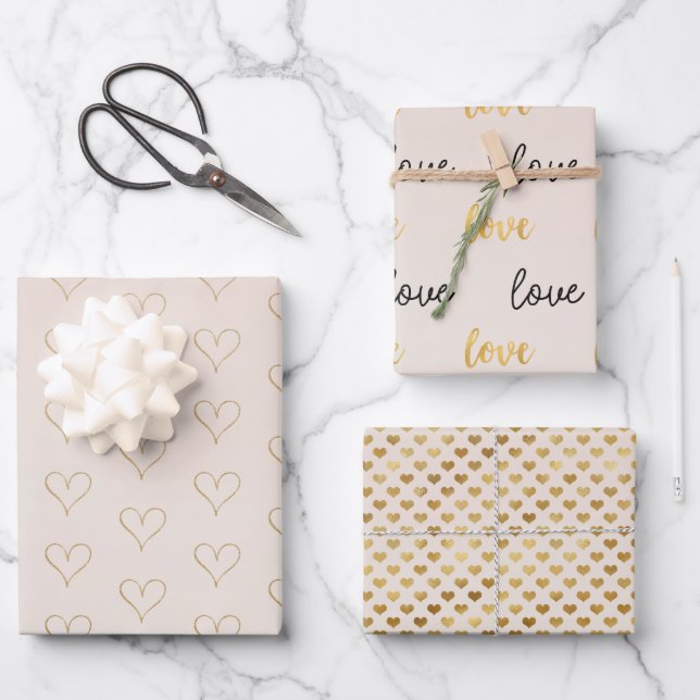 Peach Blush Ombre Gold Glitzy Heart Wrapping Paper Sheet (Front)