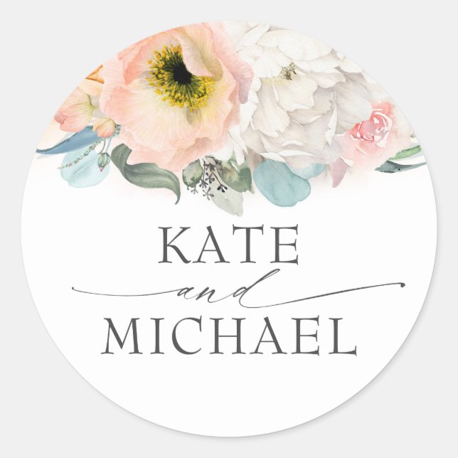 Peach Blush Pink and White Flowers Spring Garden Classic Round Sticker (Front)