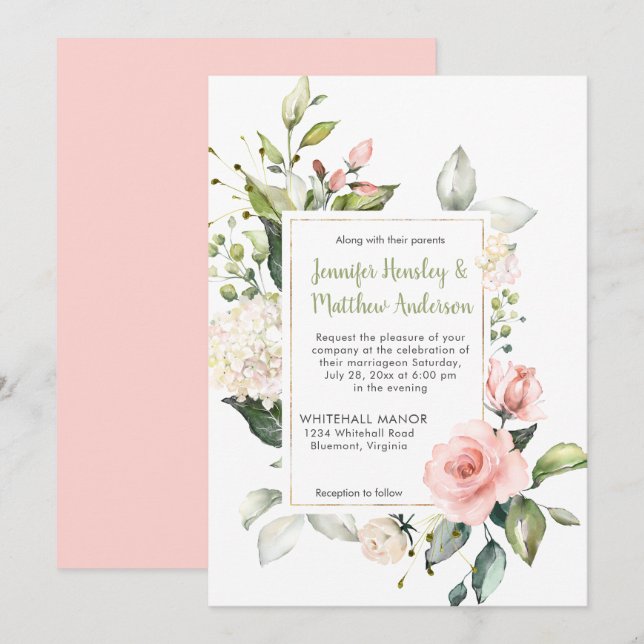 Peach Blush Pink and White Roses Frame Wedding Invitation (Front/Back)