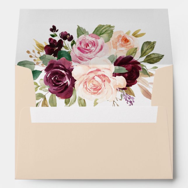 Peach Blush Pink Burgundy Gold Floral Boho Wedding Envelope (Back (Bottom))