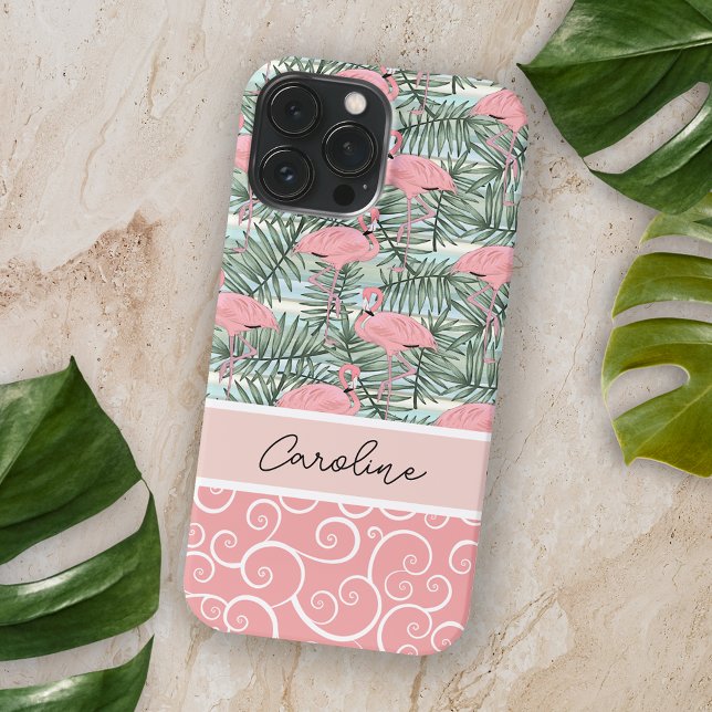 Peach Blush Pink Flamingoes Palm Leaves Pattern iPhone Case (Creator Uploaded)