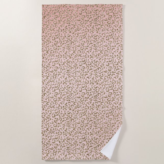 Peach Blush Pink Glitter Gold Leopard Print   Beach Towel (Front)
