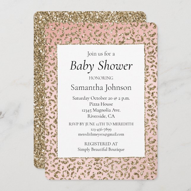 Peach Blush Pink Glitter Gold Leopard Print Invitation (Front/Back)