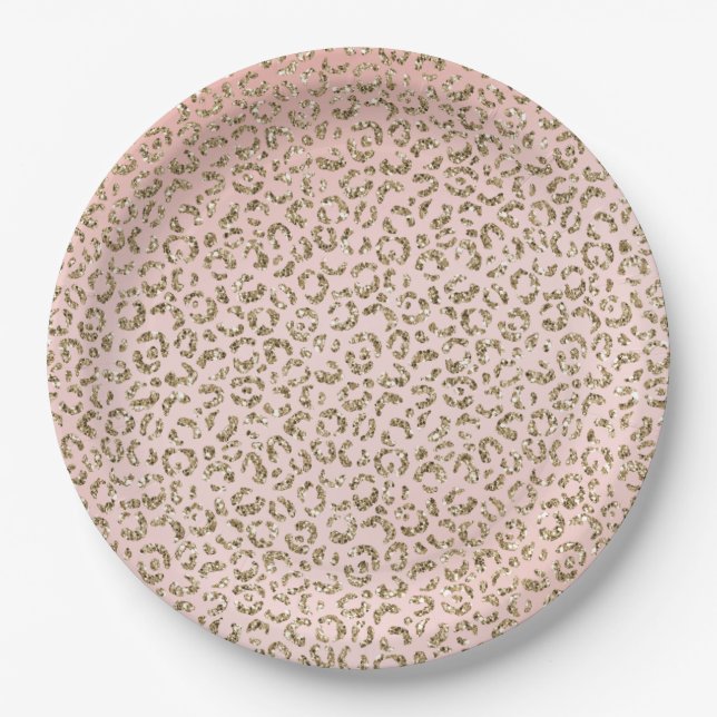 Peach Blush Pink Glitter Gold Leopard Print        Paper Plate (Front)