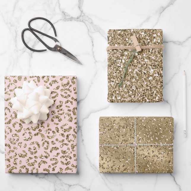 Peach Blush Pink Glitter Gold Leopard Print        Wrapping Paper Sheet (Front)