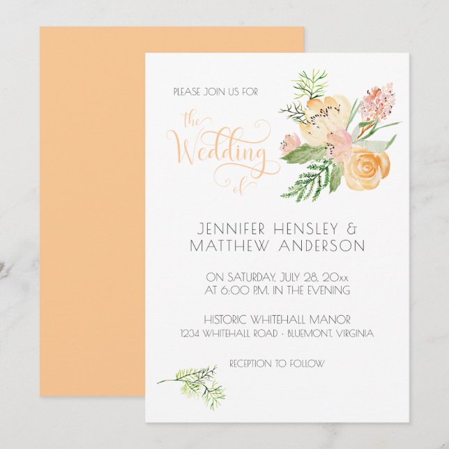 Peach Blush Pink Gold Watercolor Floral Wedding | Invitation (Front/Back)
