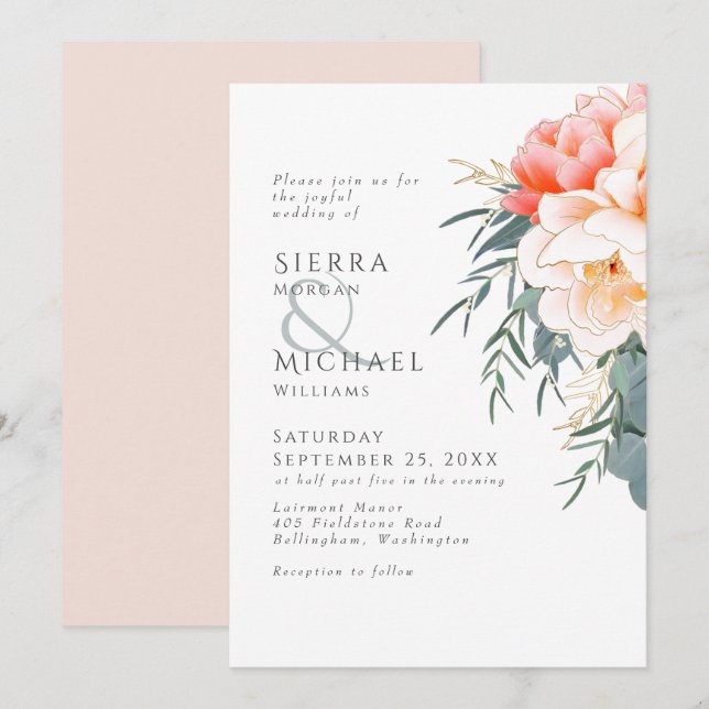Peach Blush Pink Peony Eucalyptus Greenery Wedding Invitation (Front/Back)