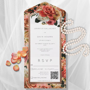 Peach Blush & Pink Rustic Roses QR Code All In One Invitation