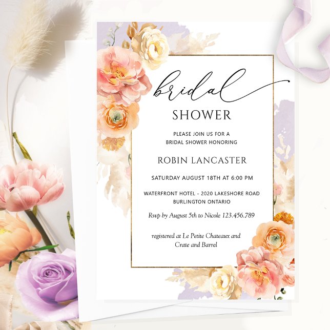 Peach, Blush, Purple Floral Bridal Shower /Brunch Invitation (Creator Uploaded)