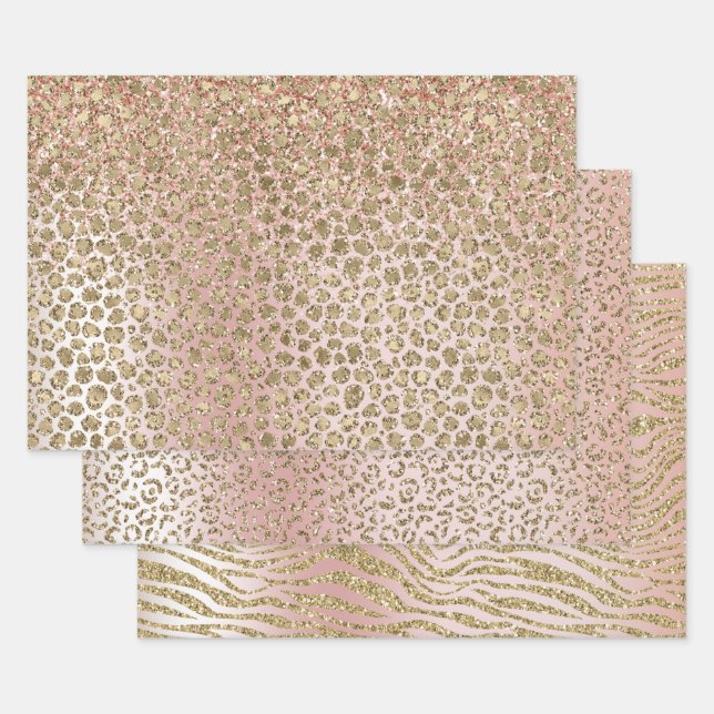 Peach Blush Rose Gold Glitter Animal Prints Wrapping Paper Sheet (Set)