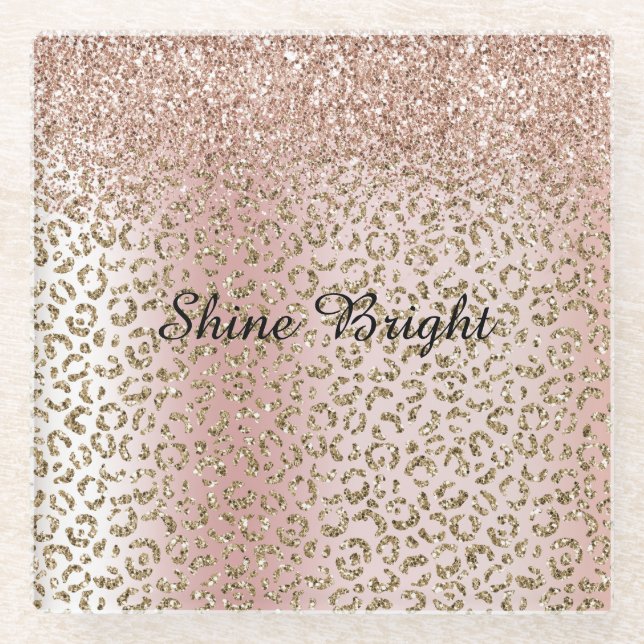 Peach Blush Rose Gold Glitter Leopard Print    Glass Coaster (Front)