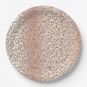 Peach Blush Rose Gold Glitter Leopard Print     Paper Plate