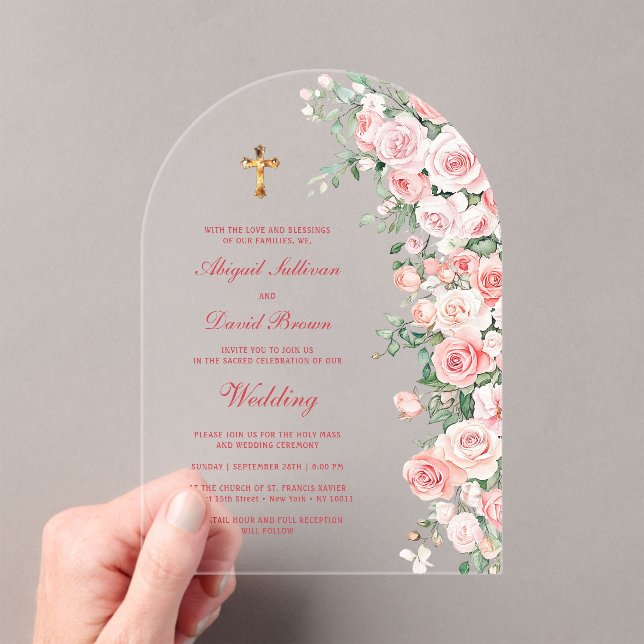Peach Blush Roses Arch Religious Wedding Acrylic Invitations (Insitu (Handheld))