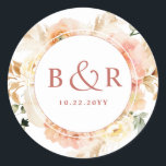 Peach Blush, Rust Orange Wedding Envelope / Favour Classic Round Sticker<br><div class="desc">Elegant monogrammed wedding envelope seal or favour sticker with gorgeous watercolor floral detail in a beautiful blend of peach, orange, blush pink, cream and champagne hues. Centre in white with initials and second text line in rust red-orange tone. Two size options and several shape options to choose from. Bottom text...</div>
