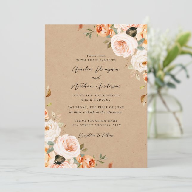 Peach Blush Rustic Botanical Florals Wedding Invitation (Standing Front)