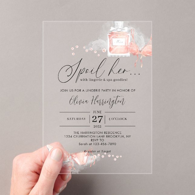 Peach Blush Spoil Her Lingerie Bridal Shower Acrylic Invitations (Insitu (Handheld))
