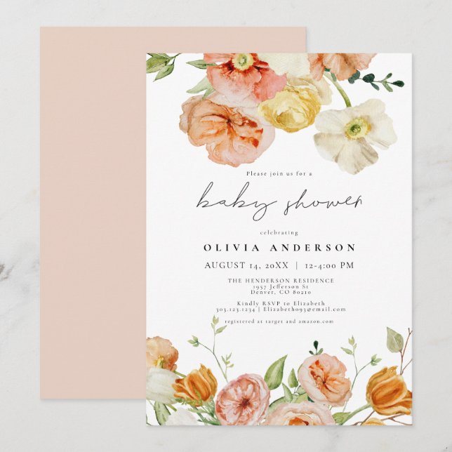 Peach & Blush Spring Floral Girl Baby Shower Invitation (Front/Back)
