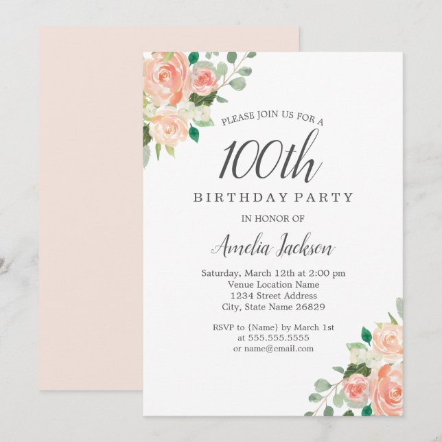 Peach Blush Watercolor Floral 100th Birthday Party Invitation (Front/Back)