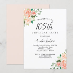 Peach Blush Watercolor Floral 105th Birthday Party Invitation