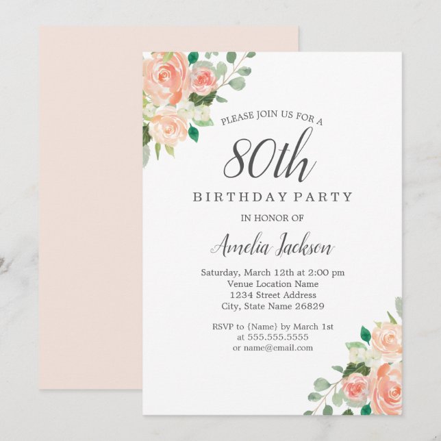 Peach Blush Watercolor Floral 80th Birthday Party Invitation (Front/Back)