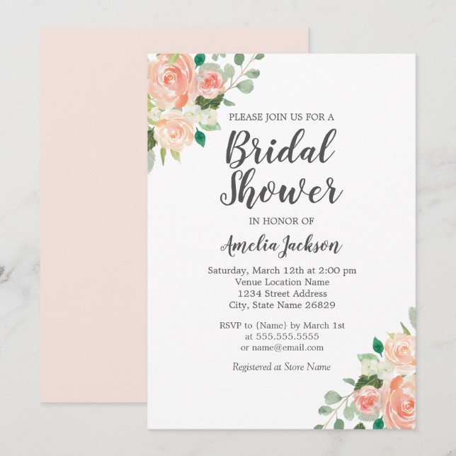 Peach Blush Watercolor Floral Bridal Shower Invitation (Front/Back)