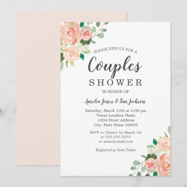 Peach Blush Watercolor Floral Couples Shower Invitation (Front/Back)