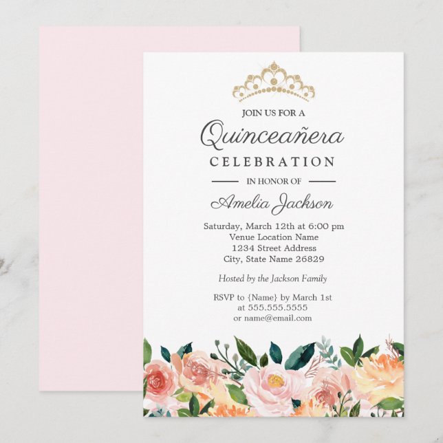 Peach Blush Watercolor Floral Quinceanera Invitation (Front/Back)