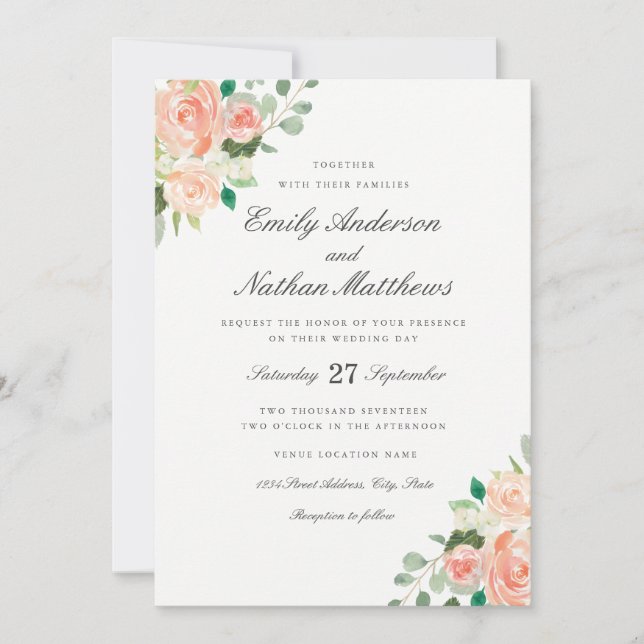 Peach Blush Watercolor Floral Wedding Invitation (Front)