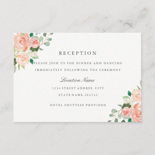Peach Blush Watercolor Floral Wedding Reception Enclosure Card (Front)
