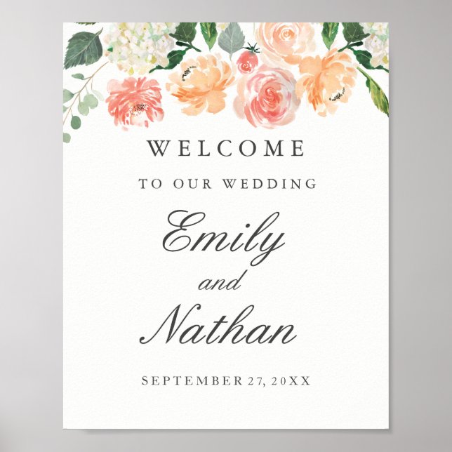 Peach Blush Watercolor Floral Welcome Wedding Sign (Front)