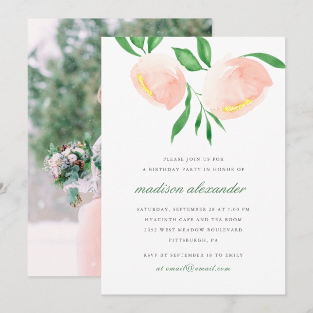 Peach Blush Watercolor Flower Photo Birthday Invitation (Front/Back)
