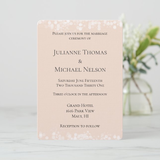 Peach Blush White Bokeh Wedding Invitation (Standing Front)