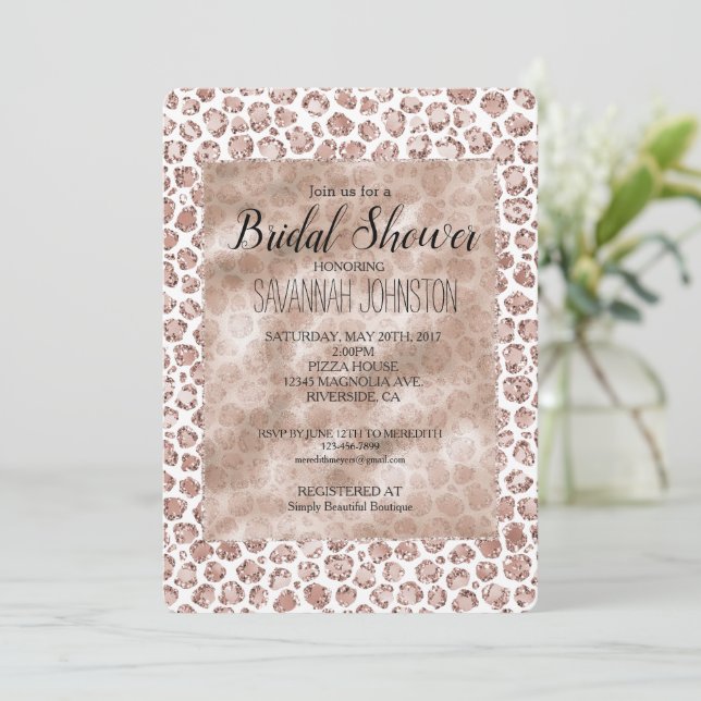Peach Blush White Leopard Print Glitter       Invitation (Standing Front)