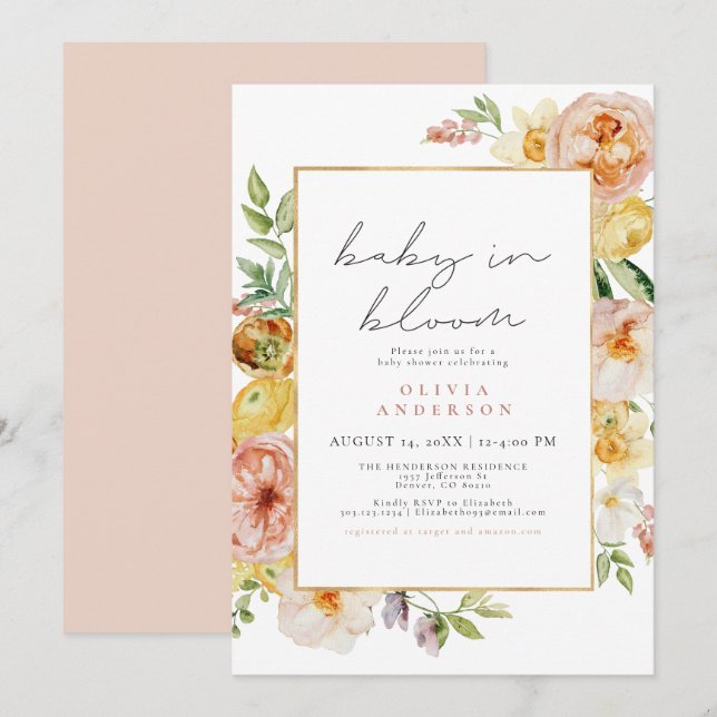 Peach & Blush Wildflower Girl Baby Shower Invitation (Front/Back)