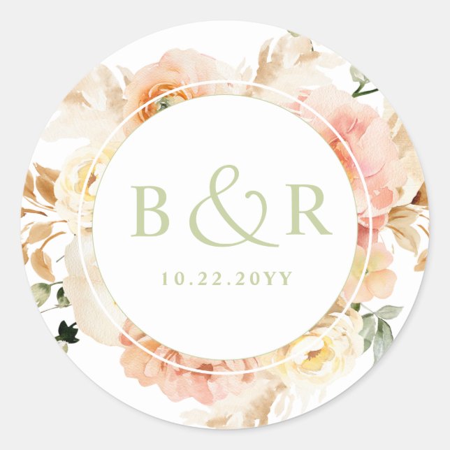 Peach, Blush with Green Wedding Envelope / Favour Classic Round Sticker (Front)
