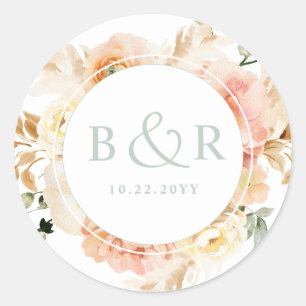 Peach, Blush with Sage Wedding Envelope / Favour Classic Round Sticker
