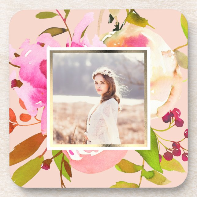 Peach Blush with Watercolor Floral Photo Coaster (Front)