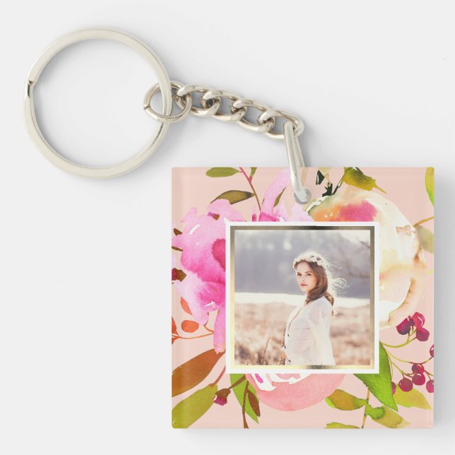 Peach Blush with Watercolor Floral Photo Key Ring (Front)