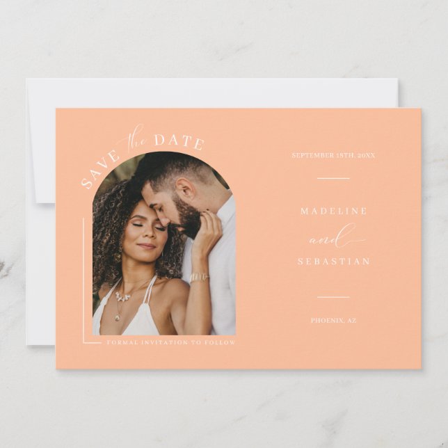 Peach Boho Arch Photo QR Code Save the Date   Invitation (Front)