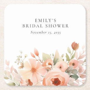 Peach Boho Floral Bridal Shower Square Paper Coaster