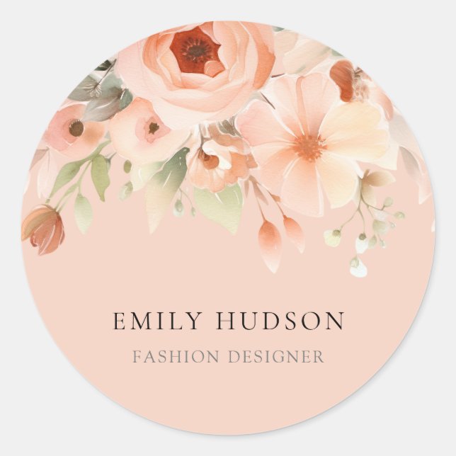 Peach Boho Floral Business Classic Round Sticker (Front)