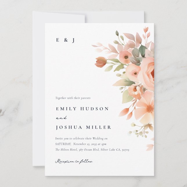 Peach Boho Floral Wedding Invitation (Front)