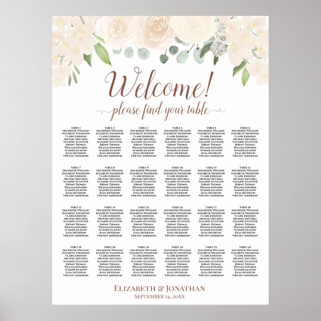 Peach Boho Roses 24 Table Wedding Seating Chart (Front)