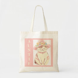 Peach Boho Sweet Auntie Cat Spring Hat Flowers Tote Bag