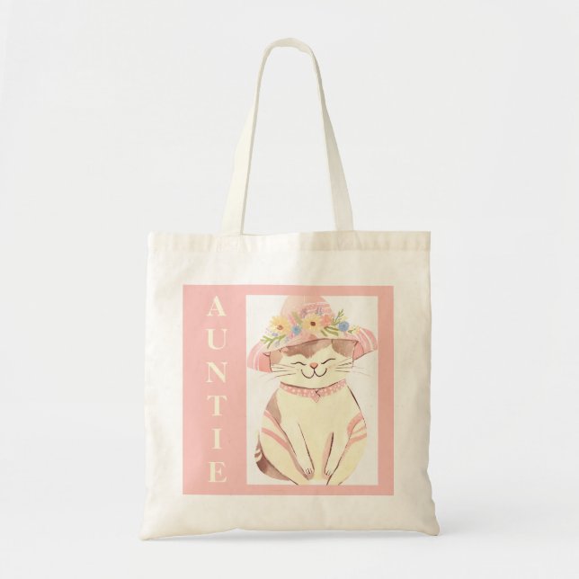 Peach Boho Sweet Auntie Cat Spring Hat Flowers Tote Bag (Front)