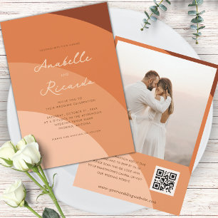 Peach Boho Waves Modern Script QR Code Wedding     Invitation