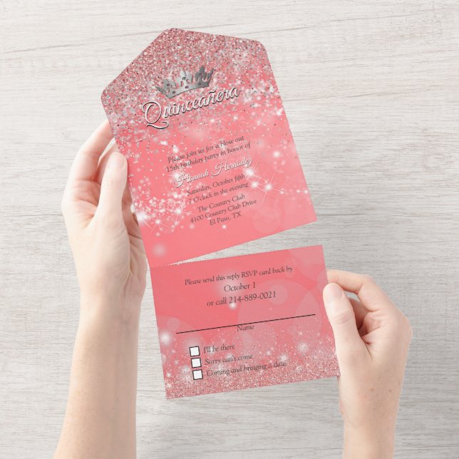 Peach Bokeh and Glitter Quinceañera  All In One Invitation (Tearaway)