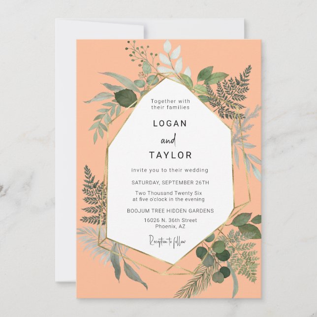 Peach Botanical Greenery Gold Frame QR Code Photo Invitation (Front)