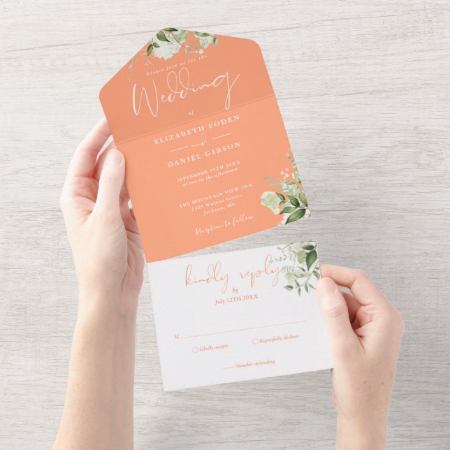 Peach Botanical Greenery Monogram Wedding All In One Invitation (Tearaway)